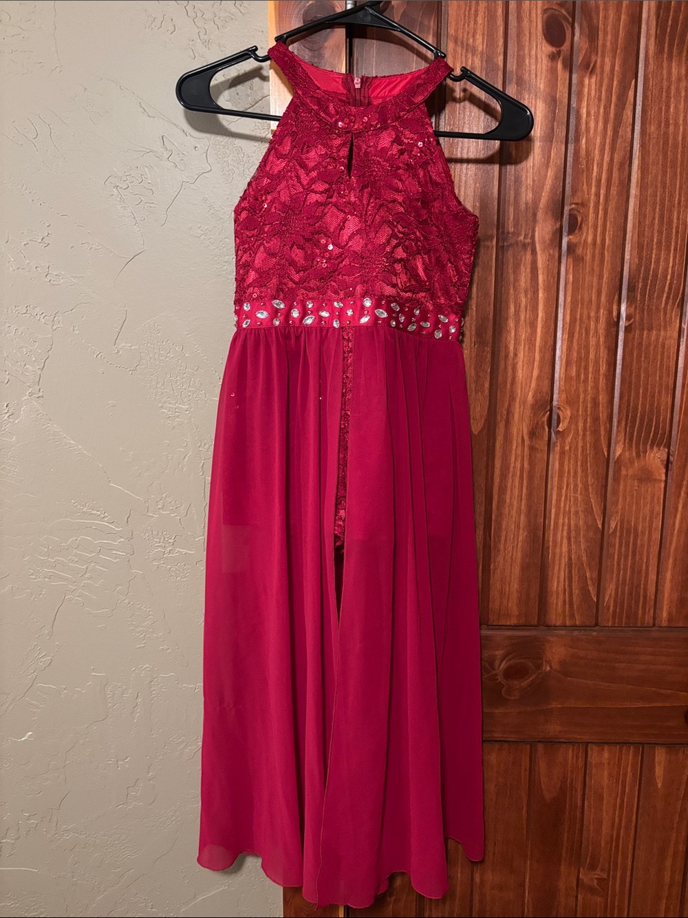 Girls' Fuchsia Lace & Chiffon Halter Formal Dress with Rhinestone Waist